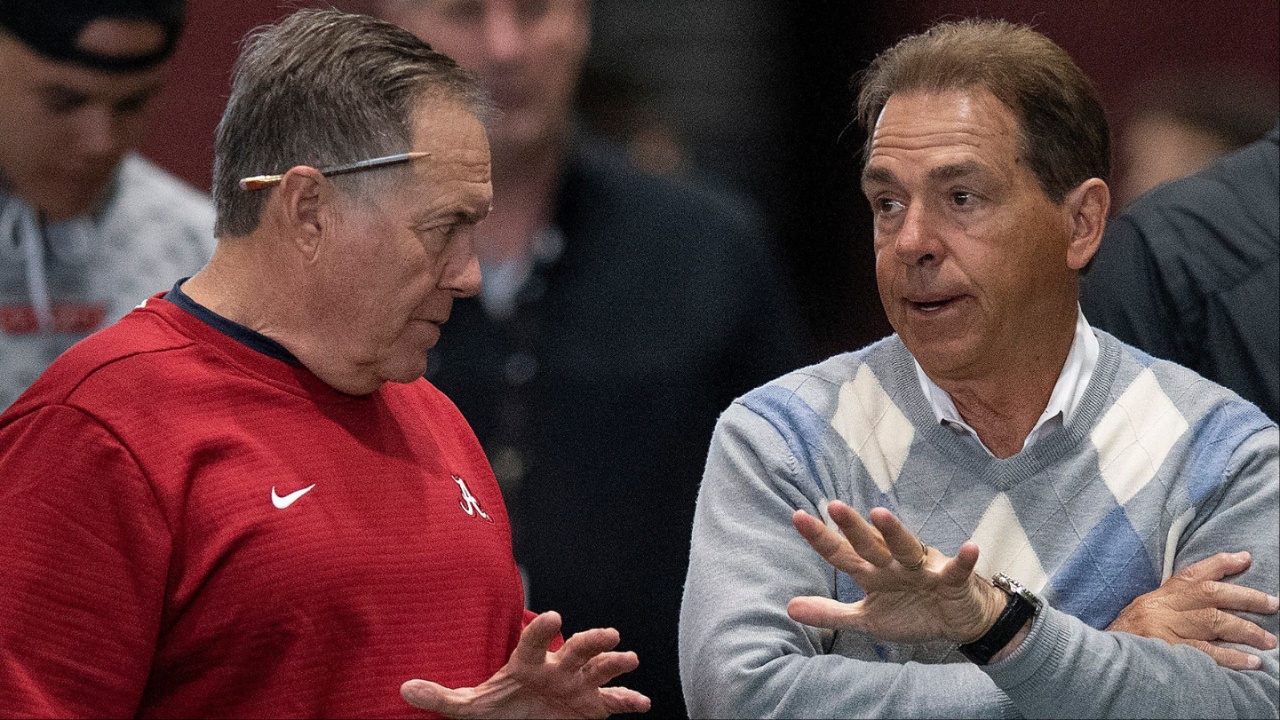 New England Patriots head coach Bill Belichick chats with Alabama head coach Nick Saban during Pro Day on the University of Alabama campus in Tuscaloosa, Ala., on Tuesday March 19, 2019. Pro04