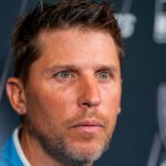 Denny Hamlin answers questions from the media during NASCAR Cup Series Playoff Media Day at Charlotte Convention Center.