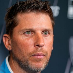 Denny Hamlin answers questions from the media during NASCAR Cup Series Playoff Media Day at Charlotte Convention Center.