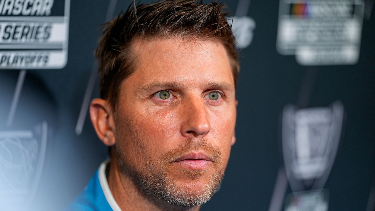 Denny Hamlin answers questions from the media during NASCAR Cup Series Playoff Media Day at Charlotte Convention Center.