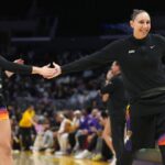 Sep 17, 2024; Los Angeles, California, USA; Phoenix Mercury guard Sophie Cunningham (9) and guard Diana Taurasi (3) celebrate in the second half against the LA Sparks at Crypto.com Arena.