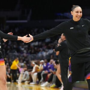 Sep 17, 2024; Los Angeles, California, USA; Phoenix Mercury guard Sophie Cunningham (9) and guard Diana Taurasi (3) celebrate in the second half against the LA Sparks at Crypto.com Arena.