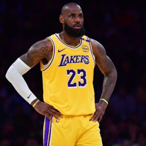 Los Angeles Lakers forward LeBron James (23) reacts during the first half in game five of first round for the 2025 NBA Playoffs at Crypto.com Arena.