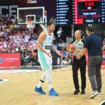 Luka Doncic argues with the referee during Poland vs Slovenia at EuroBasket.
