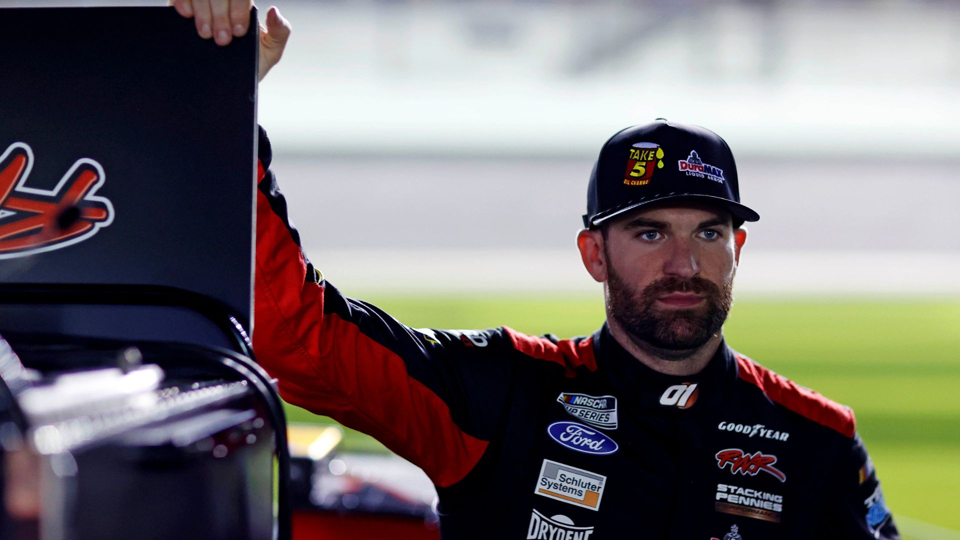 Feb 12, 2025; Daytona Beach, Florida, USA; NASCAR Cup Series driver Corey LaJoie (01) during qualifying for the Daytona 500 at Daytona International Speedway
