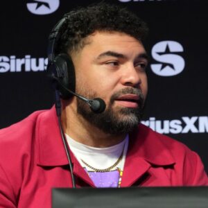 Pittsburgh Steelers defensive tackle Cam Heyward on the SportsGrid SiriusXM radio set on radio row at the Super Bowl 58 Media Center at the Mandalay Bay resort and spa.