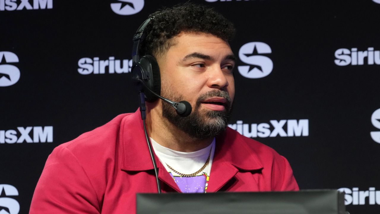 Pittsburgh Steelers defensive tackle Cam Heyward on the SportsGrid SiriusXM radio set on radio row at the Super Bowl 58 Media Center at the Mandalay Bay resort and spa.