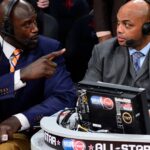 Feb 16, 2013; Houston, TX, USA; TNT broadcaster Shaquille O'Neal (left) and Charles Barkley talk during the 2013 NBA All-Star slam dunk contest at the Toyota Center