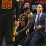 April 29, 2018 - Cleveland, OH, USA - Cleveland Cavaliers forward LeBron James sits next to coach Tyronn Lue during a timeout against the Indiana Pacers in the second quarter of Game 7 of the Eastern Conference First Round series