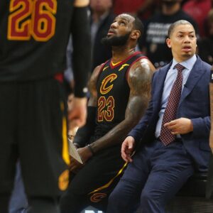 April 29, 2018 - Cleveland, OH, USA - Cleveland Cavaliers forward LeBron James sits next to coach Tyronn Lue during a timeout against the Indiana Pacers in the second quarter of Game 7 of the Eastern Conference First Round series