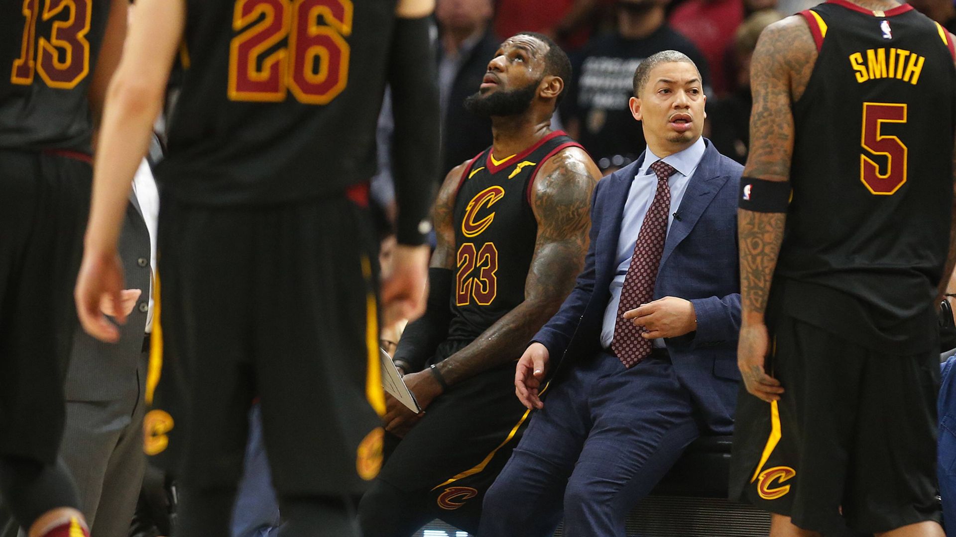 April 29, 2018 - Cleveland, OH, USA - Cleveland Cavaliers forward LeBron James sits next to coach Tyronn Lue during a timeout against the Indiana Pacers in the second quarter of Game 7 of the Eastern Conference First Round series
