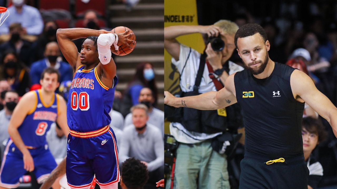 Jonathan Kuminga (L), Stephen Curry (R)
