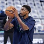 May 28, 2025; Oklahoma City, Oklahoma, USA; Minnesota Timberwolves guard Anthony Edwards warms up before game five of the western conference finals against the Oklahoma City Thunder for the 2025 NBA Playoffs at Paycom Center.