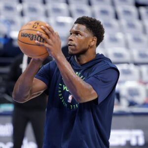 May 28, 2025; Oklahoma City, Oklahoma, USA; Minnesota Timberwolves guard Anthony Edwards warms up before game five of the western conference finals against the Oklahoma City Thunder for the 2025 NBA Playoffs at Paycom Center.