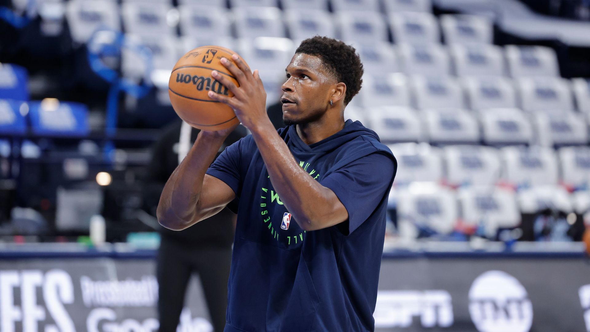 May 28, 2025; Oklahoma City, Oklahoma, USA; Minnesota Timberwolves guard Anthony Edwards warms up before game five of the western conference finals against the Oklahoma City Thunder for the 2025 NBA Playoffs at Paycom Center.