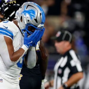 Detroit Lions running back David Montgomery (5) reacts after scoring a touchdown against the Baltimore Ravens during the first half at M&T Bank Stadium.
