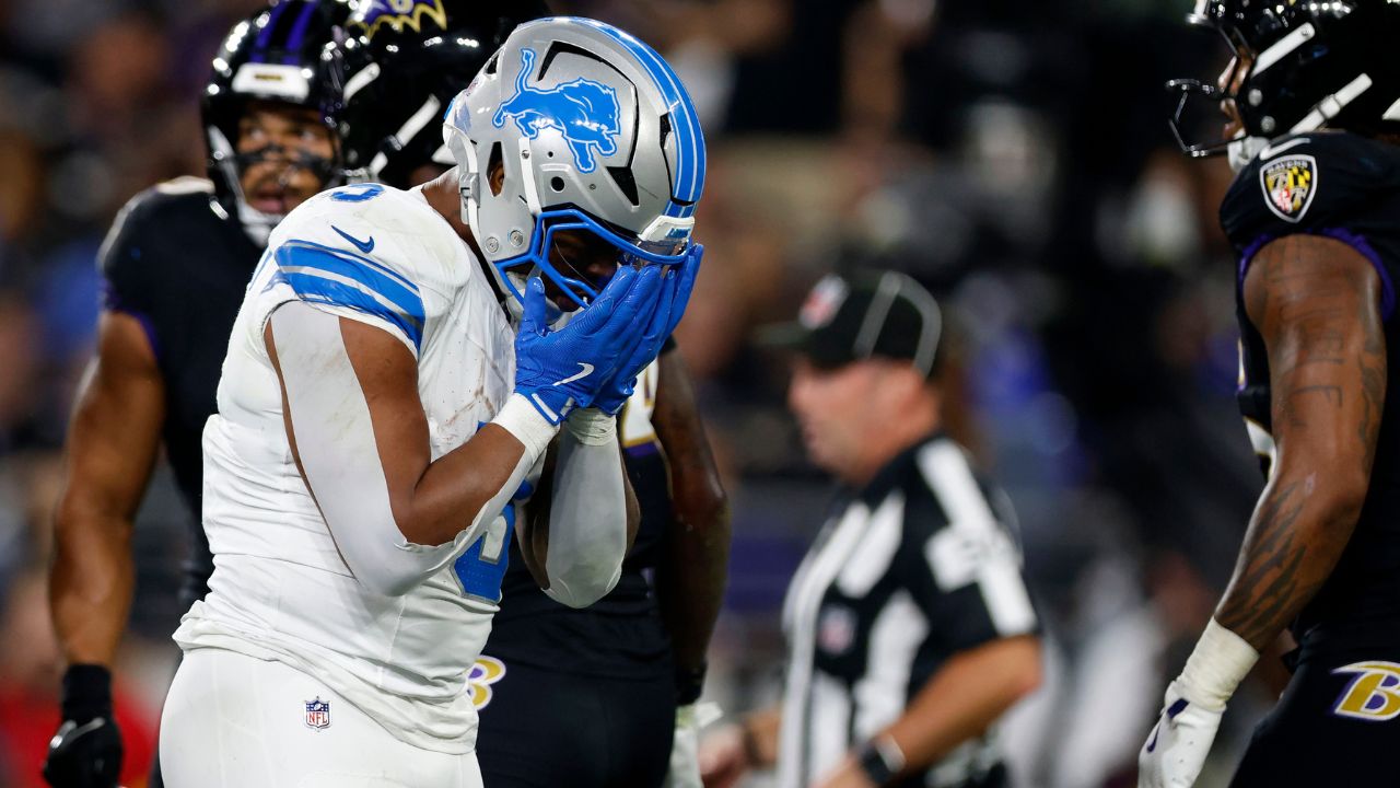 Detroit Lions running back David Montgomery (5) reacts after scoring a touchdown against the Baltimore Ravens during the first half at M&T Bank Stadium.
