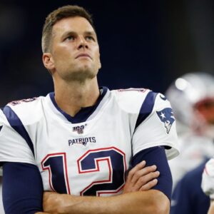 New England Patriots quarterback Tom Brady (12) looks up during the second half against the Detroit Lions at Ford Field.