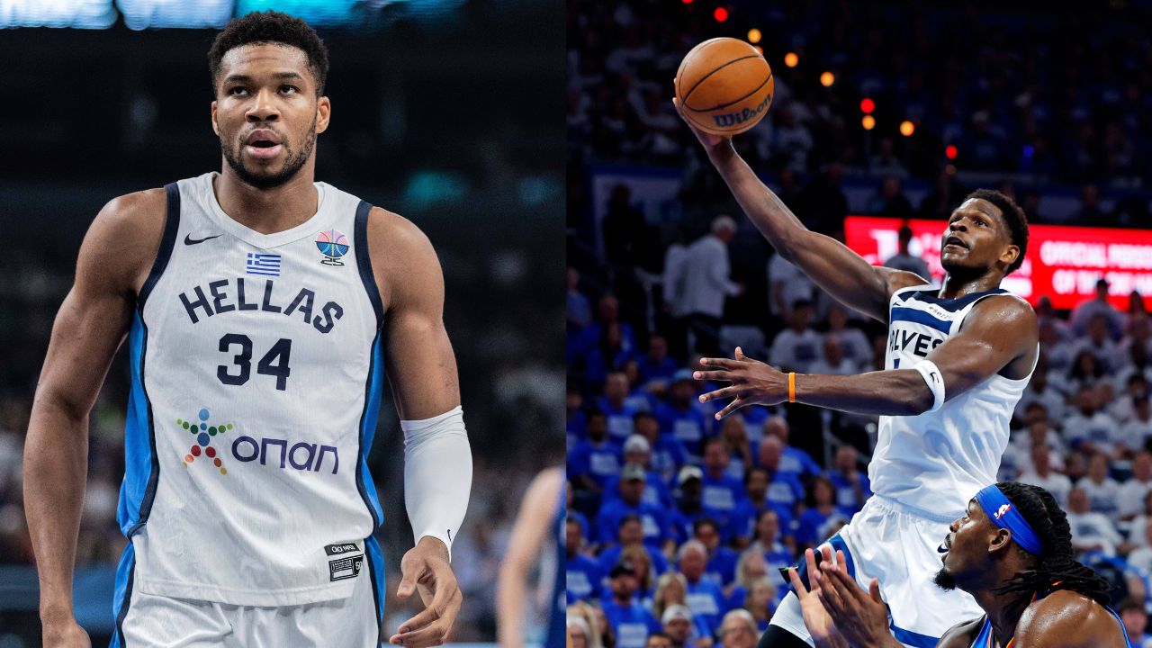 Giannis Antetokounmpo (L), Anthony Edwards (R)