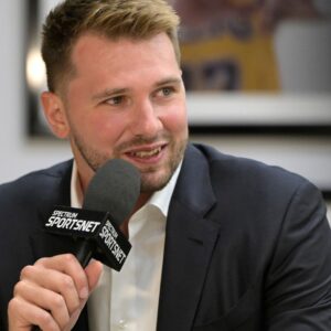 Aug 2, 2025; El Segundo, CA, USA; Los Angeles Lakers Luka Doncic (77) is interviewed Spectrum SportsNet following a press conference announcing the signing of his contract extension at UCLA Health Training Center.