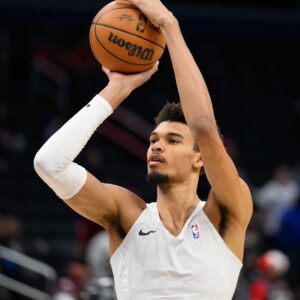 Feb 10, 2025; Washington, District of Columbia, USA; San Antonio Spurs center Victor Wembanyama (1) warms up before the game between the Washington Wizards and the San Antonio Spurs at Capital One Arena