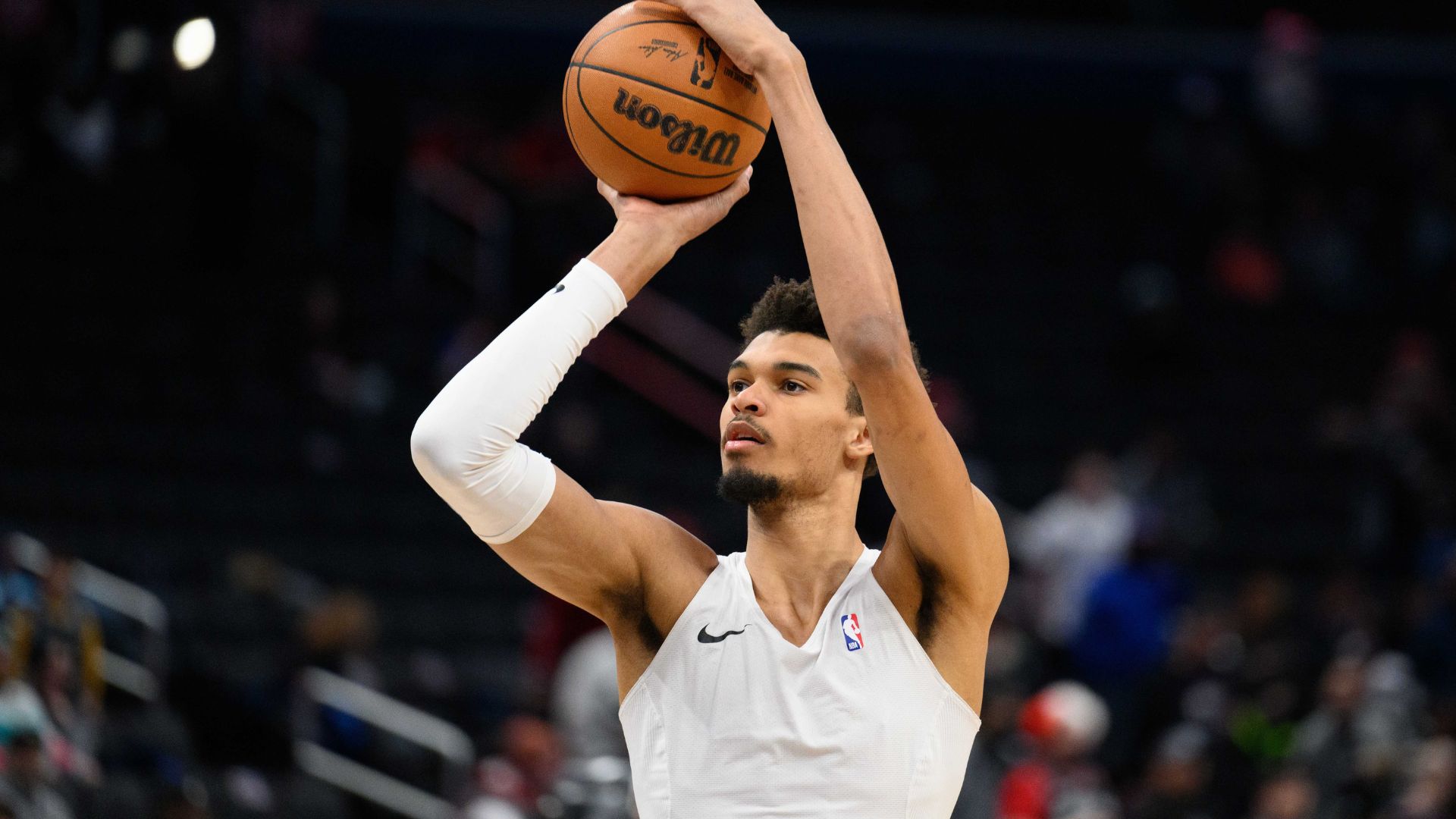 Feb 10, 2025; Washington, District of Columbia, USA; San Antonio Spurs center Victor Wembanyama (1) warms up before the game between the Washington Wizards and the San Antonio Spurs at Capital One Arena