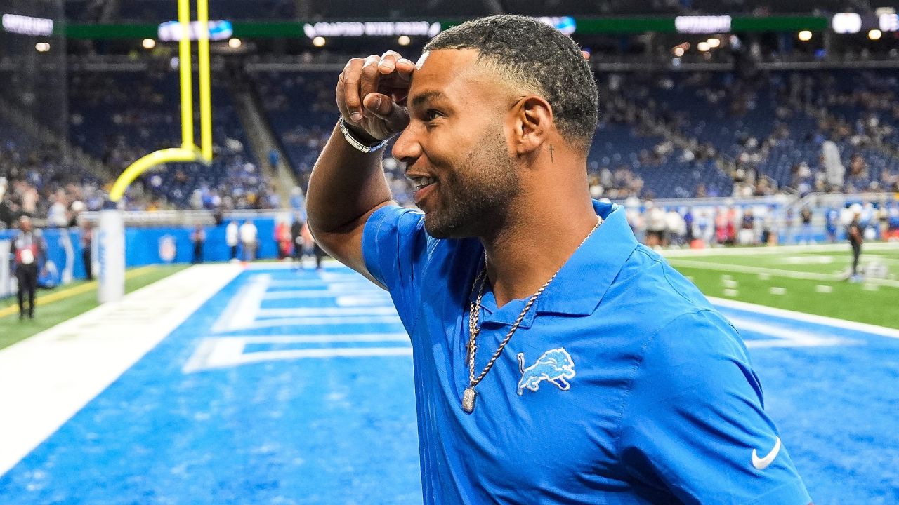 Former Detroit Lions wide receiver Golden Tate waves at fans before a preseason game against Pittsburgh Steelers at Ford Field in Detroit on Saturday, August 24, 2024.