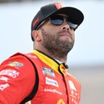 NASCAR Cup Series driver Bubba Wallace (23) looks on during practice and qualifying for the Enjoy Illinois 300 at World Wide Technology Raceway.