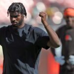 Cleveland Browns quarterback Shedeur Sanders gets warmed up before an NFL football game at Huntington Bank Field, Sept. 21, 2025, in Cleveland, Ohio.