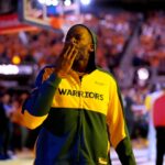 May 12, 2025; San Francisco, California, USA; Golden State Warriors forward Draymond Green (23) blows a kiss towards the crowd before the start of the game against the Minnesota Timberwolves during game four of the second round for the 2025 NBA Playoffs at Chase Center.