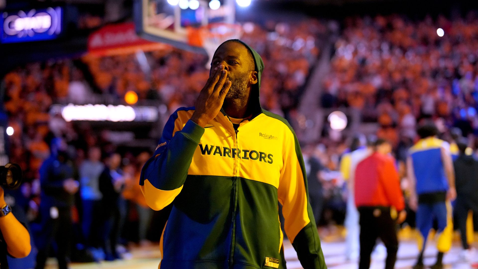 May 12, 2025; San Francisco, California, USA; Golden State Warriors forward Draymond Green (23) blows a kiss towards the crowd before the start of the game against the Minnesota Timberwolves during game four of the second round for the 2025 NBA Playoffs at Chase Center.