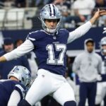 Dallas Cowboys place kicker Brandon Aubrey (17) kicks a field goal during the game against the Washington Commanders at AT&T Stadium.