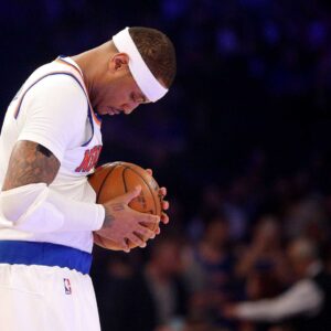 Dec 22, 2016; New York, NY, USA; New York Knicks small forward Carmelo Anthony (7) holds the ball before the start of a game against the Orlando Magic at Madison Square Garden.