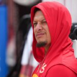 Kansas City Chiefs quarterback Patrick Mahomes (15) looks on during warmups prior to the game against the Philadelphia Eagles at GEHA Field at Arrowhead Stadium.