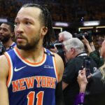 New York Knicks guard Jalen Brunson (11) reacts after game six of the eastern conference finals against the Indiana Pacers for the 2025 NBA Playoffs at Gainbridge Fieldhouse.