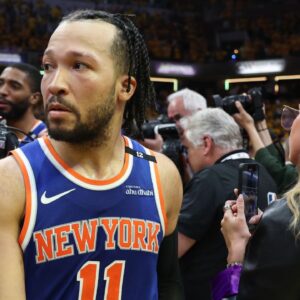 New York Knicks guard Jalen Brunson (11) reacts after game six of the eastern conference finals against the Indiana Pacers for the 2025 NBA Playoffs at Gainbridge Fieldhouse.
