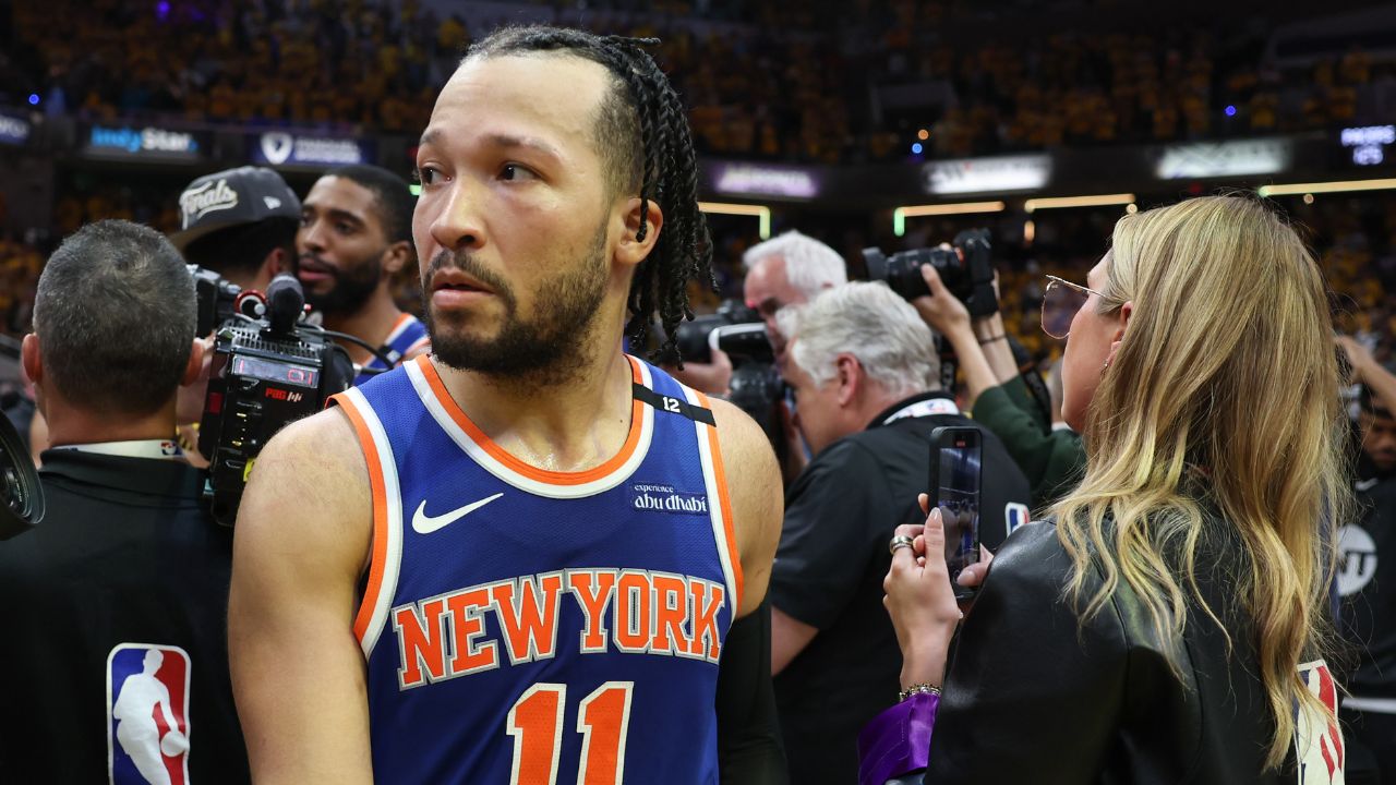 New York Knicks guard Jalen Brunson (11) reacts after game six of the eastern conference finals against the Indiana Pacers for the 2025 NBA Playoffs at Gainbridge Fieldhouse.