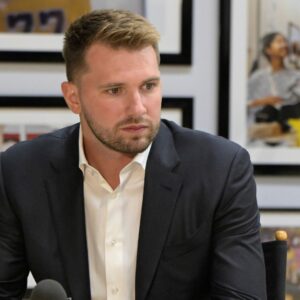 Aug 2, 2025; El Segundo, CA, USA; Los Angeles Lakers Luka Doncic (77) is interviewed Spectrum SportsNet following a press conference announcing the signing of his contract extension at UCLA Health Training Center