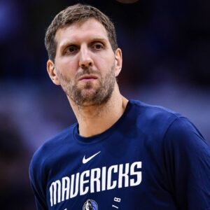 Dirk Nowitzki of Dallas Mavericks reacts before the Shenzhen match of the NBA Basketball Herren USA China Games against Philadelphia 76ers in Shenzhen city