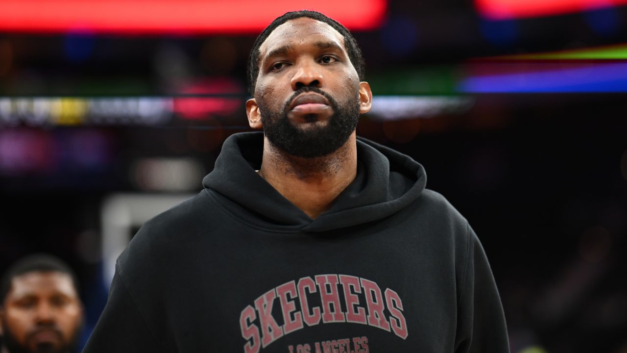 Philadelphia 76ers center Joel Embiid looks on after the game against the Milwaukee Bucks at Wells Fargo Center.