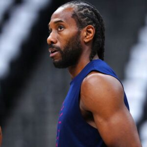 LA Clippers forward Kawhi Leonard (2) warms up before the game against the Denver Nuggets during game seven of first round for the 2025 NBA Playoffs at Ball Arena.