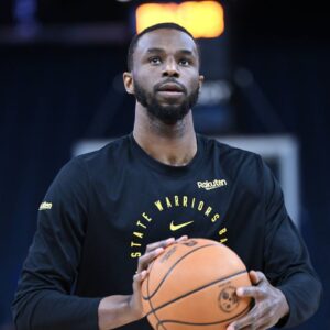 Andrew Wiggins of Golden State Warriors warms up before the NBA game between Los Angeles Lakers and Golden State Warriors at Chase Center on January 25, 2025 in San Francisco, California, United States.