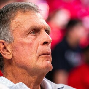 Mar 3, 2024; Lincoln, Nebraska, USA; Former NBA forward Kevin McHale sits court side during the second half between the Nebraska Cornhuskers and the Rutgers Scarlet Knights at Pinnacle Bank Arena.