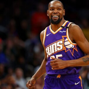 Phoenix Suns forward Kevin Durant (35) celebrates after a play during the fourth quarter against the Milwaukee Bucks at Footprint Center.