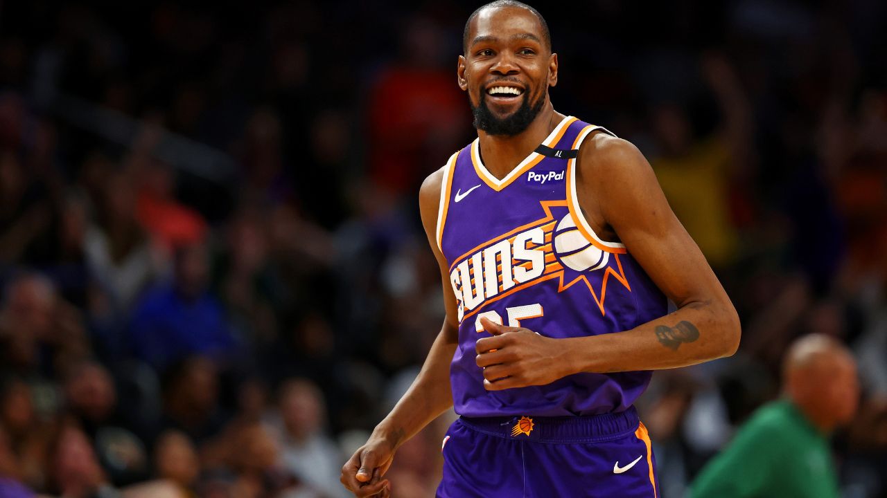Phoenix Suns forward Kevin Durant (35) celebrates after a play during the fourth quarter against the Milwaukee Bucks at Footprint Center.