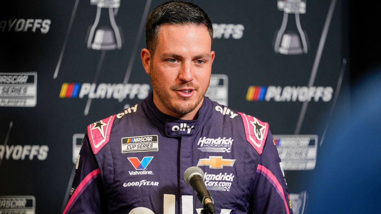 Alex Bowman answers questions from the media during NASCAR Cup Series Playoff Media Day at Charlotte Convention Center.