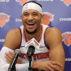New York Knicks guard Josh Hart speaks to the media during a media day press conference at the Madison Square Garden training center.