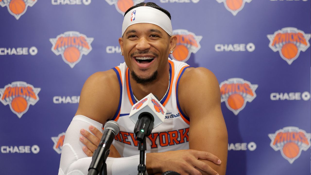 New York Knicks guard Josh Hart speaks to the media during a media day press conference at the Madison Square Garden training center.