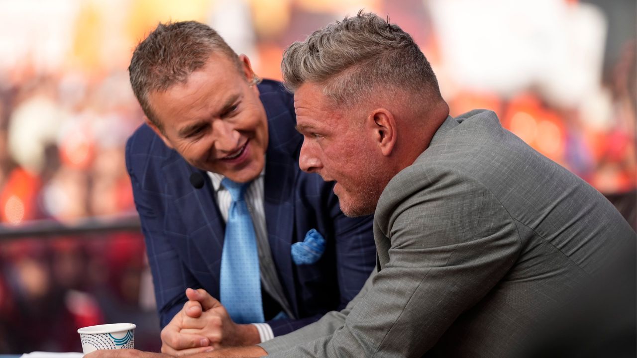 Pat McAfee, right, talks to Kirk Herbstreit on the set of ESPN College GameDay prior to the NCAA football game between the Ohio State Buckeyes and the Texas Longhorns at Ohio Stadium on Aug. 30, 2025.