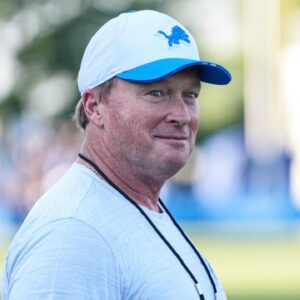 Jon Gruden watches practice during training camp at Meijer Performance Center in Allen Park on Monday, July 28, 2025.